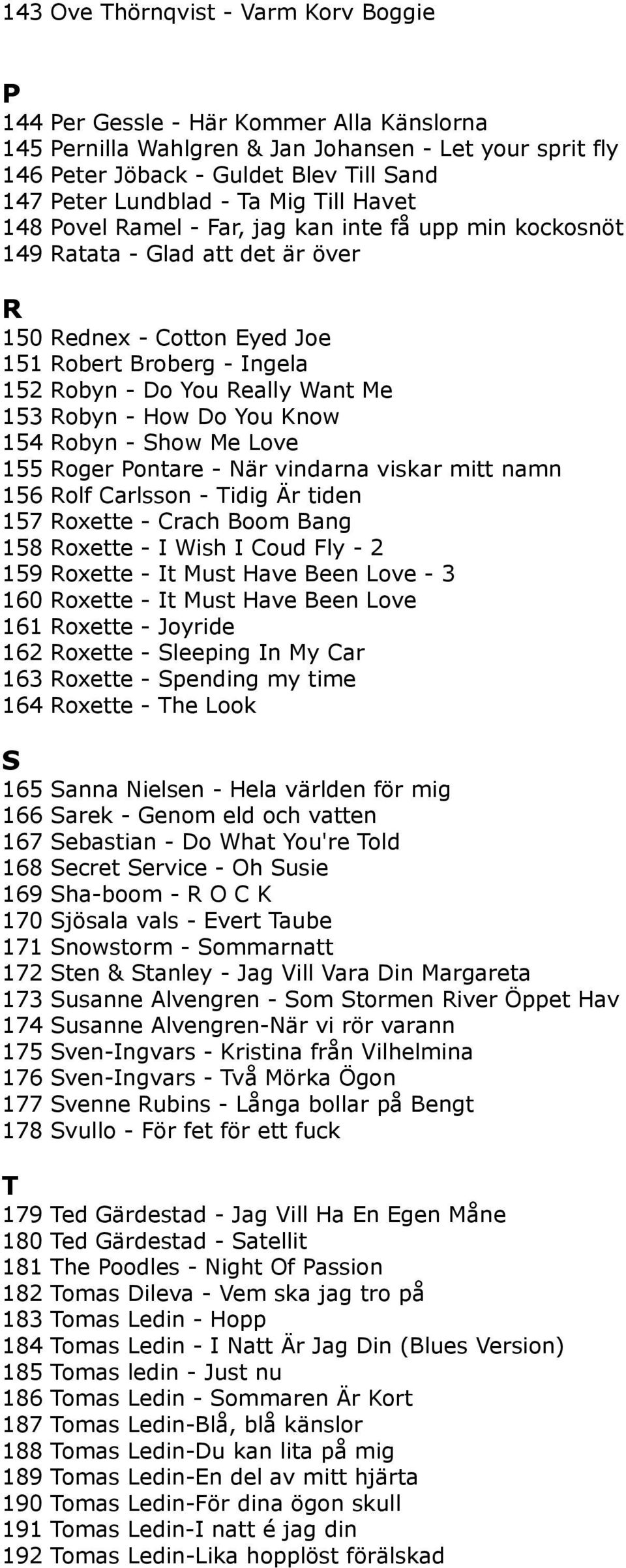 Really Want Me 153 Robyn - How Do You Know 154 Robyn - Show Me Love 155 Roger Pontare - När vindarna viskar mitt namn 156 Rolf Carlsson - Tidig Är tiden 157 Roxette - Crach Boom Bang 158 Roxette - I