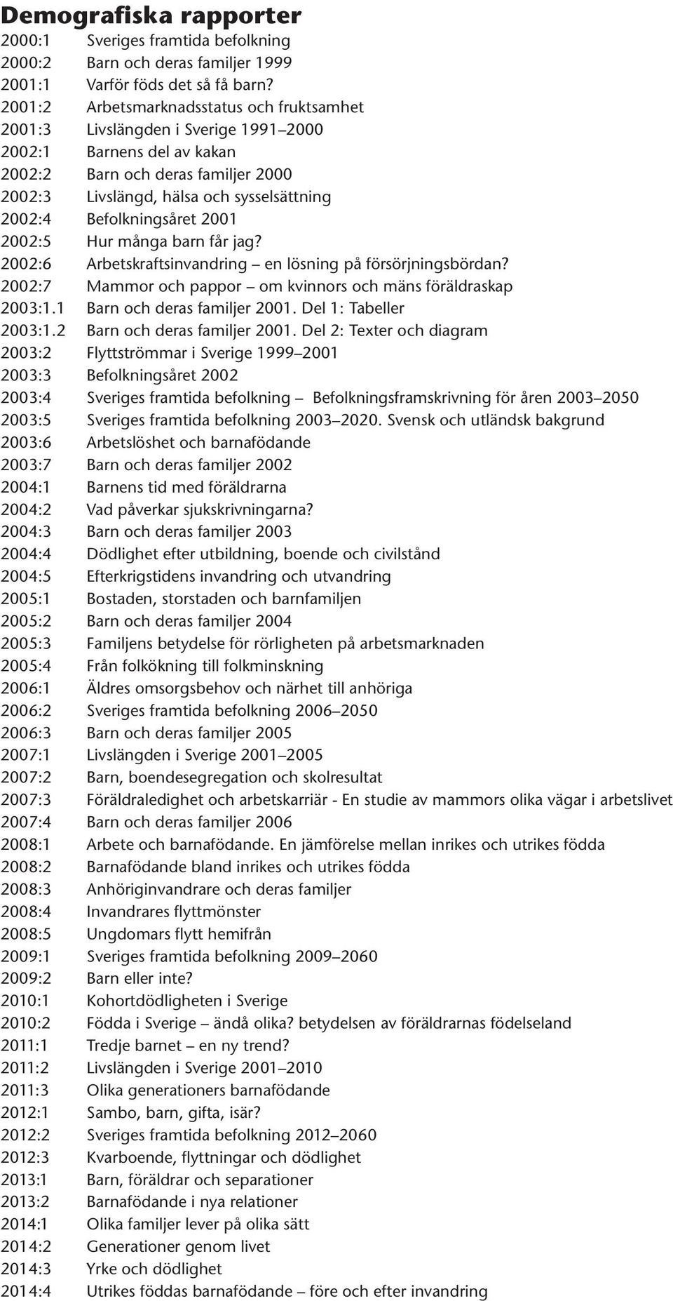 Befolkningsåret 2001 2002:5 Hur många barn får jag? 2002:6 Arbetskraftsinvandring en lösning på försörjningsbördan? 2002:7 Mammor och pappor om kvinnors och mäns föräldraskap 2003:1.