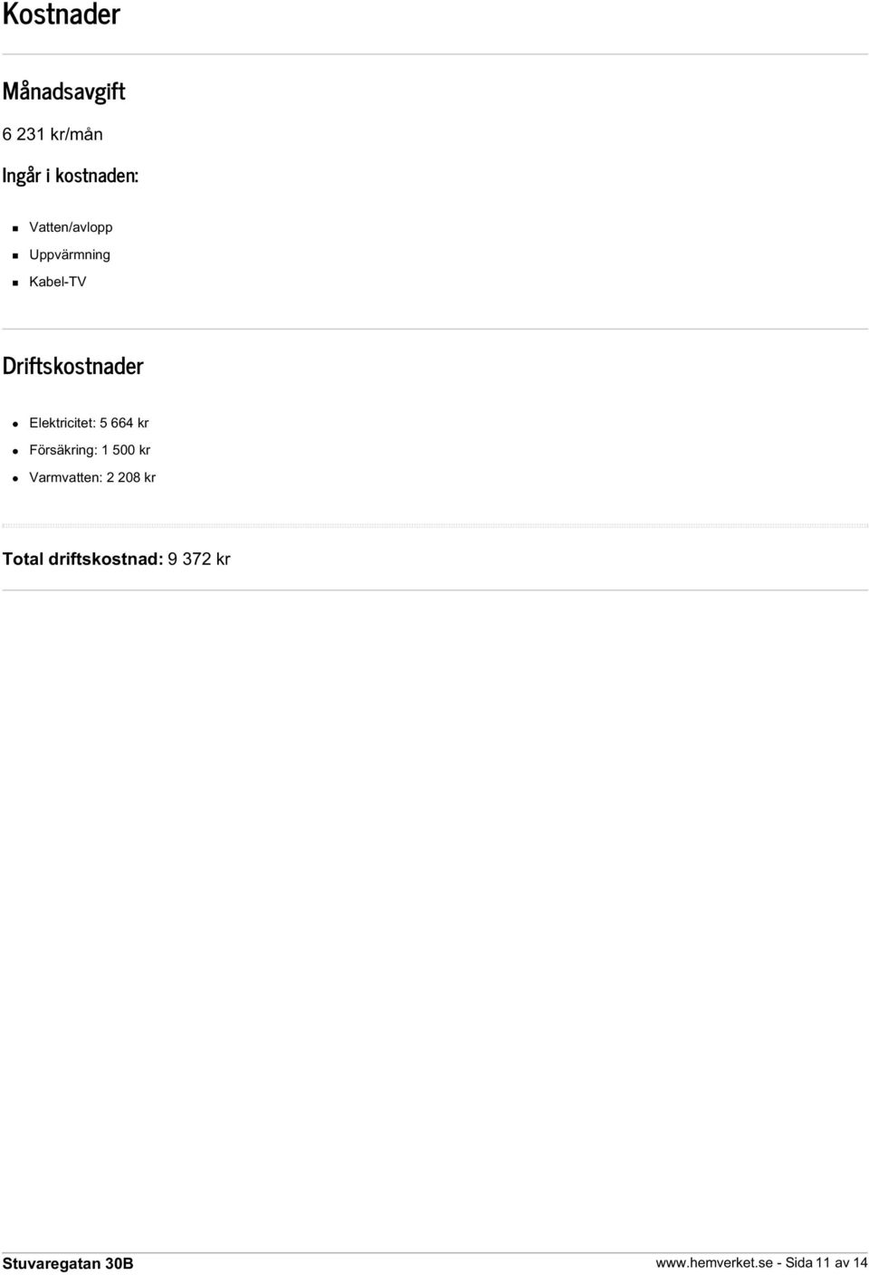 Elektricitet: 5 664 kr Försäkring: 1 500 kr Varmvatten: 2