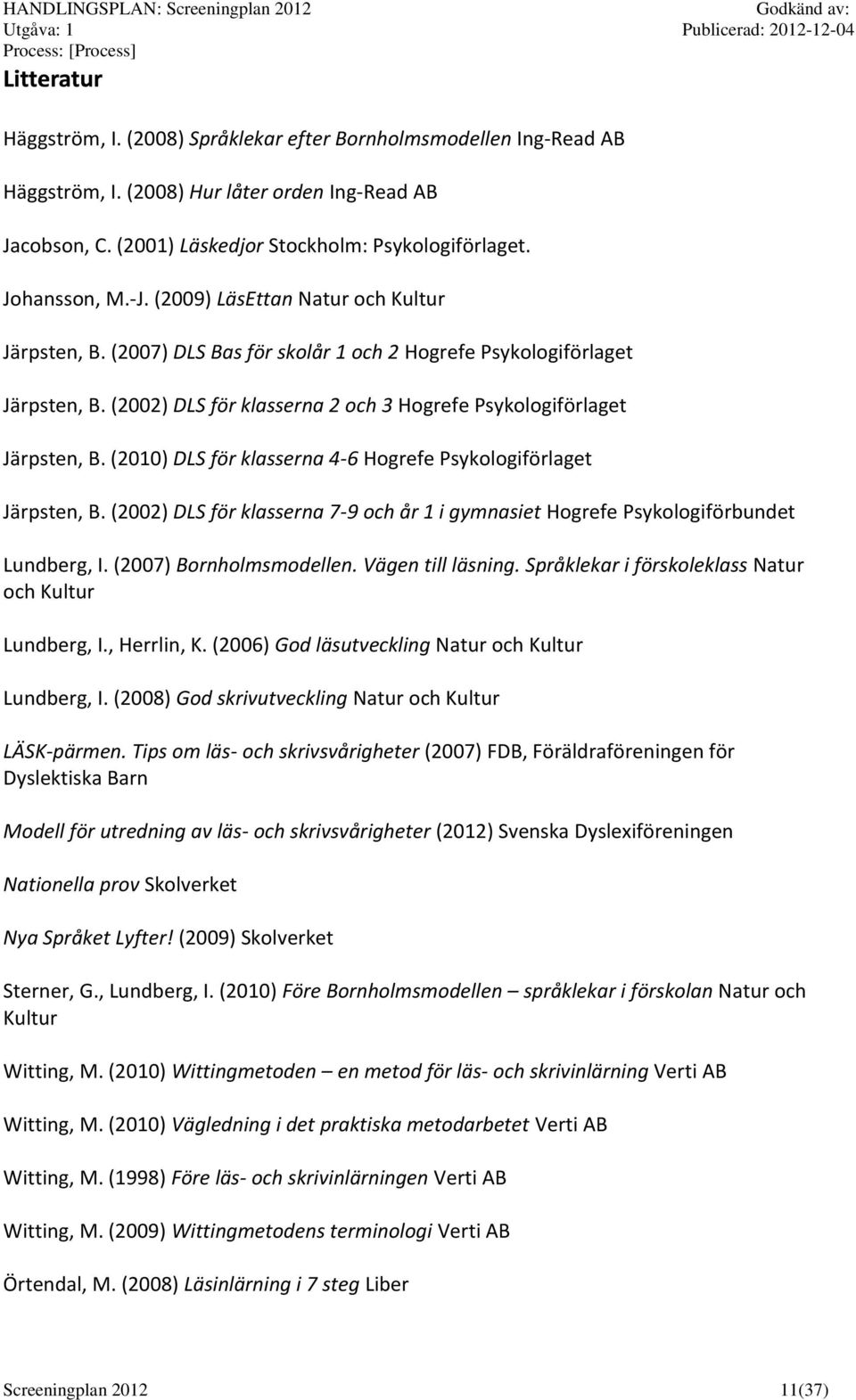 (2010) DLS för klasserna 4-6 Hogrefe Psykologiförlaget Järpsten, B. (2002) DLS för klasserna 7-9 och år 1 i gymnasiet Hogrefe Psykologiförbundet Lundberg, I. (2007) Bornholmsmodellen.