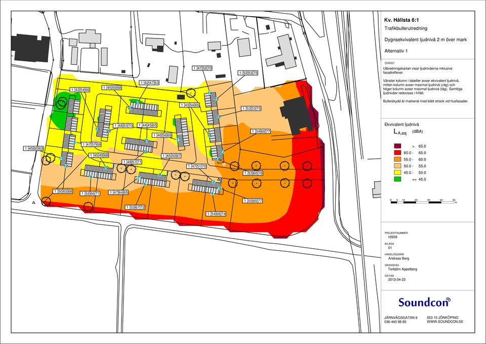 Satliga ljudnivåer redovisas i frifält. Bullerskydd är arkerat ed blått streck vid husfasader.