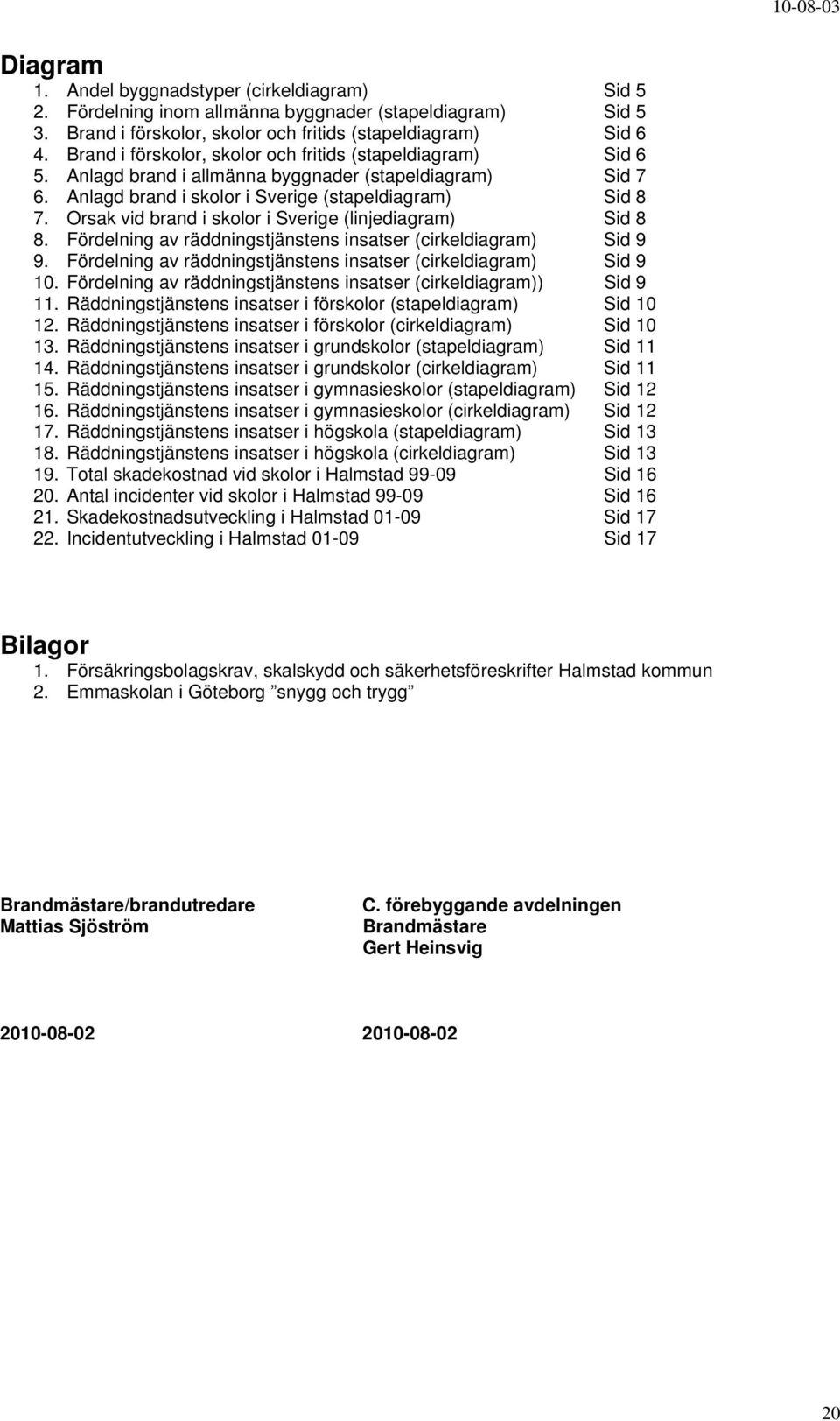 Orsak vid i skolor i Sverige (linjediagram) Sid 8 8. Fördelning av räddningstjänstens insatser (cirkeldiagram) Sid 9 9. Fördelning av räddningstjänstens insatser (cirkeldiagram) Sid 9 1.