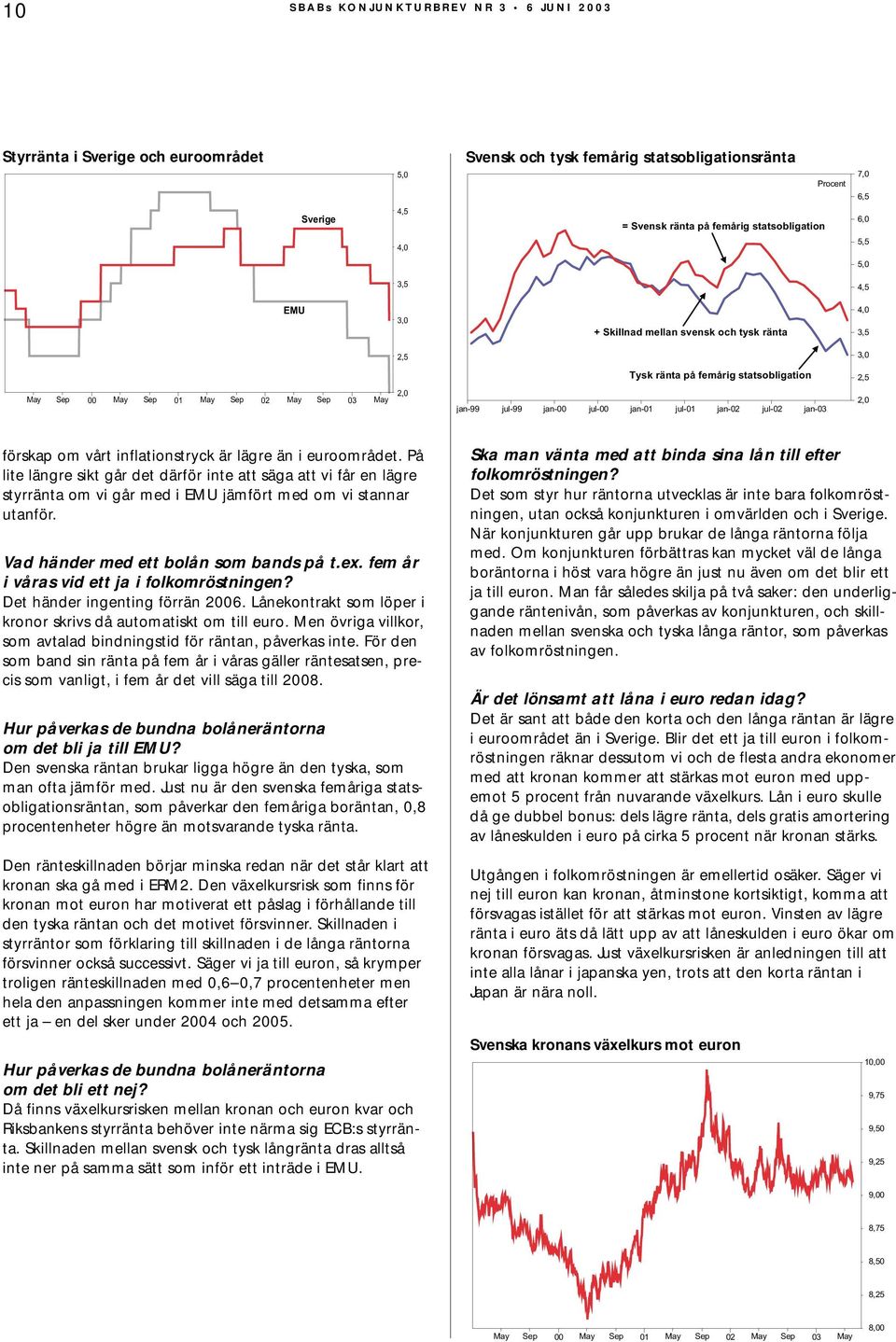 inflationstryck är lägre än i euroområdet. På lite längre sikt går det därför inte att säga att vi får en lägre styrränta om vi går med i EMU jämfört med om vi stannar utanför.