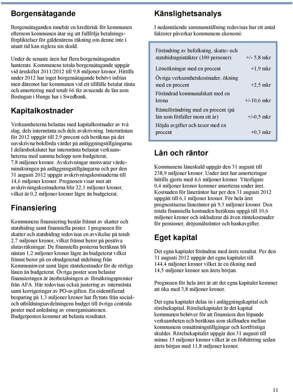 Hittills under 2012 har inget borgensåtagande behövt infrias men däremot har kommunen vid ett tillfälle betalat ränta och amortering med totalt 66 tkr avseende de lån som Bostugan i Hunge har i