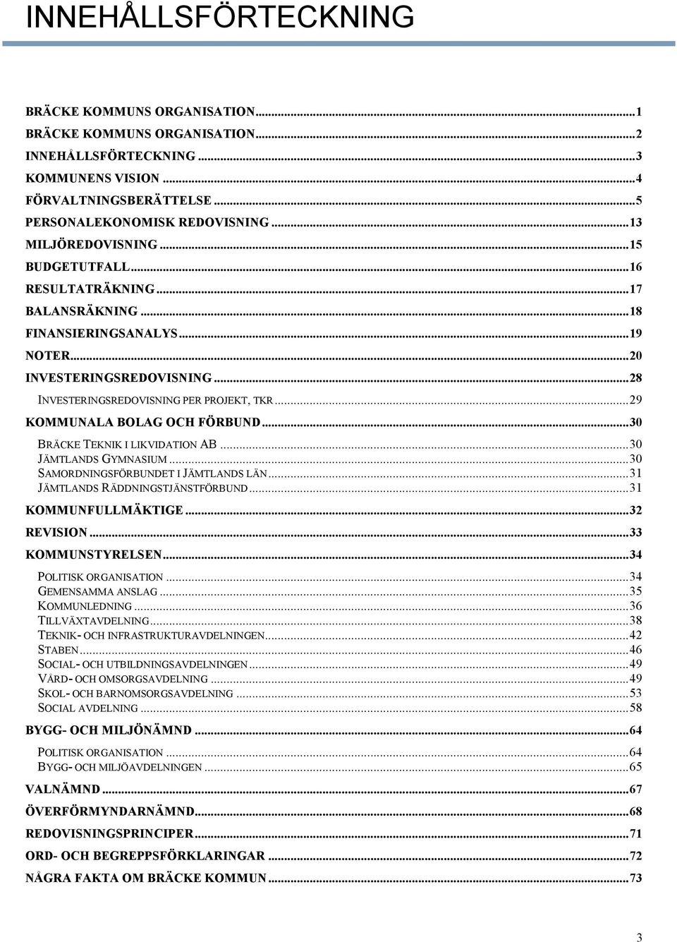 ..29 KOMMUNALA BOLAG OCH FÖRBUND...30 BRÄCKE TEKNIK I LIKVIDATION AB...30 JÄMTLANDS GYMNASIUM...30 SAMORDNINGSFÖRBUNDET I JÄMTLANDS LÄN...31 JÄMTLANDS RÄDDNINGSTJÄNSTFÖRBUND...31 KOMMUNFULLMÄKTIGE.