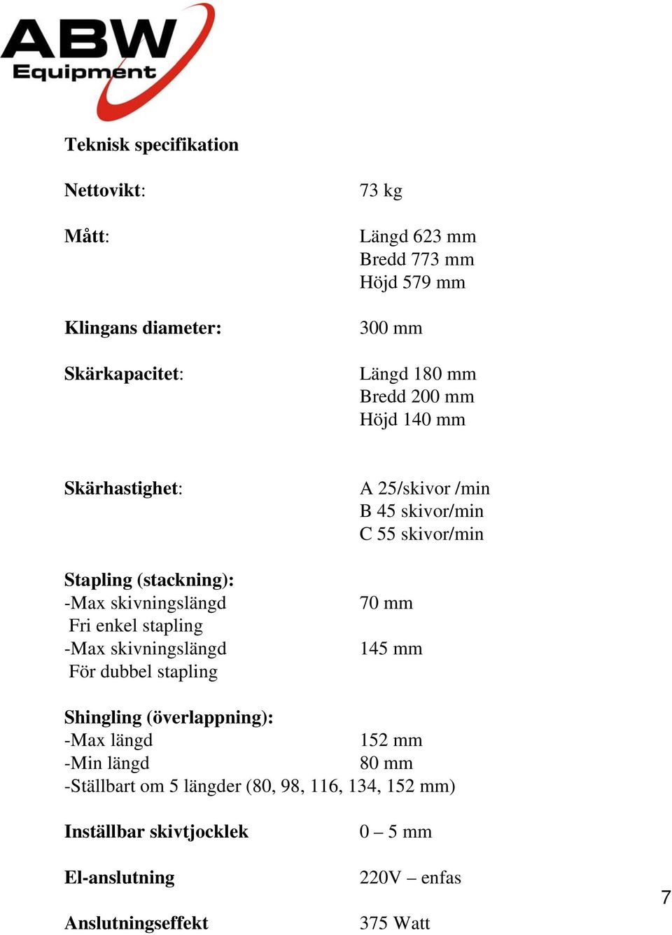 dubbel stapling A 25/skivor /min B 45 skivor/min C 55 skivor/min 70 mm 145 mm Shingling (överlappning): -Max längd 152 mm -Min längd