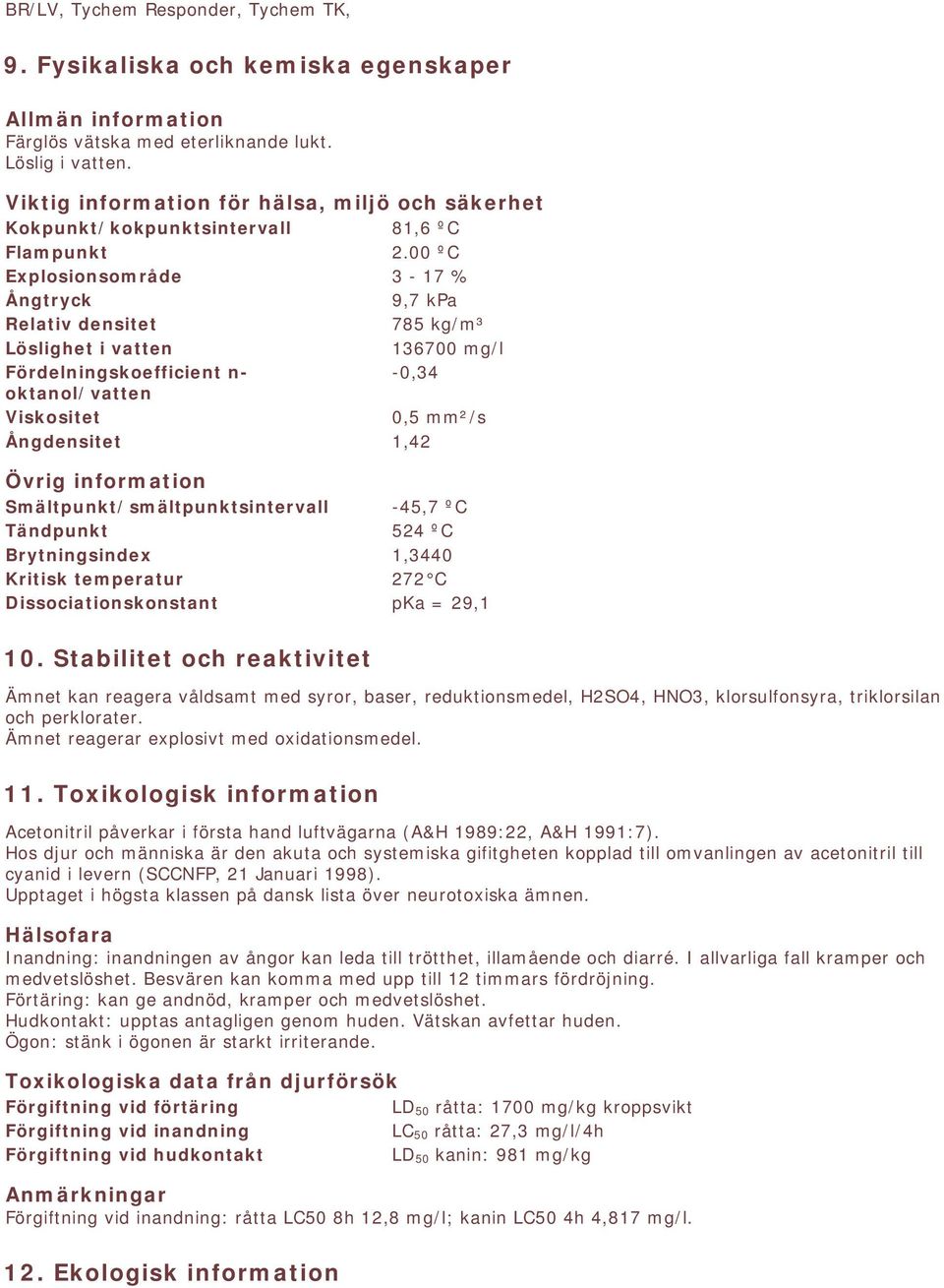 00 ºC Explosionsområde 3-17 % Ångtryck 9,7 kpa Relativ densitet 785 kg/m³ Löslighet i vatten 136700 mg/l Fördelningskoefficient n- -0,34 oktanol/vatten Viskositet 0,5 mm²/s Ångdensitet 1,42 Övrig