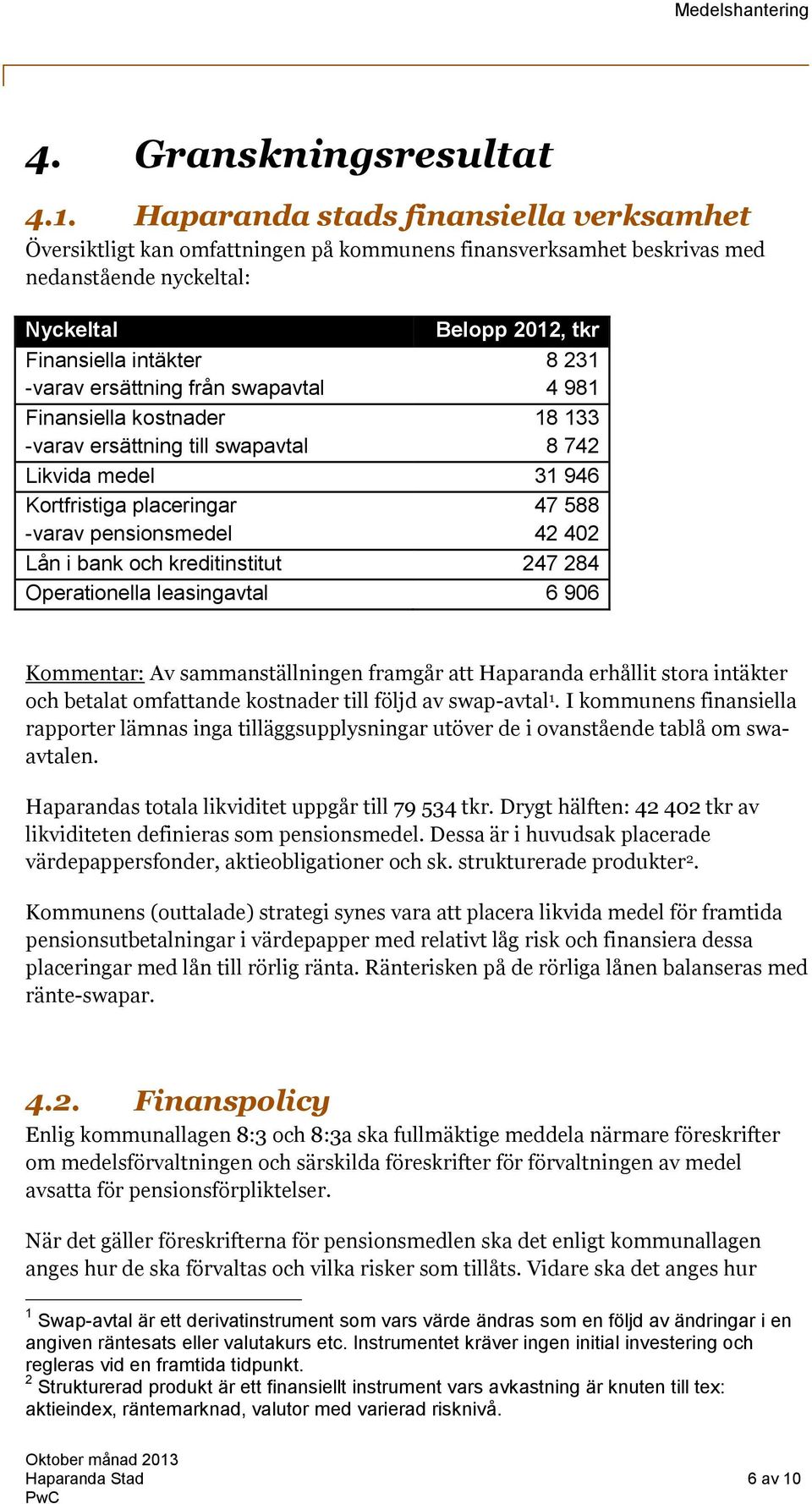 ersättning från swapavtal 8 231 4 981 Finansiella kostnader -varav ersättning till swapavtal 18 133 8 742 Likvida medel 31 946 Kortfristiga placeringar -varav pensionsmedel 47 588 42 402 Lån i bank