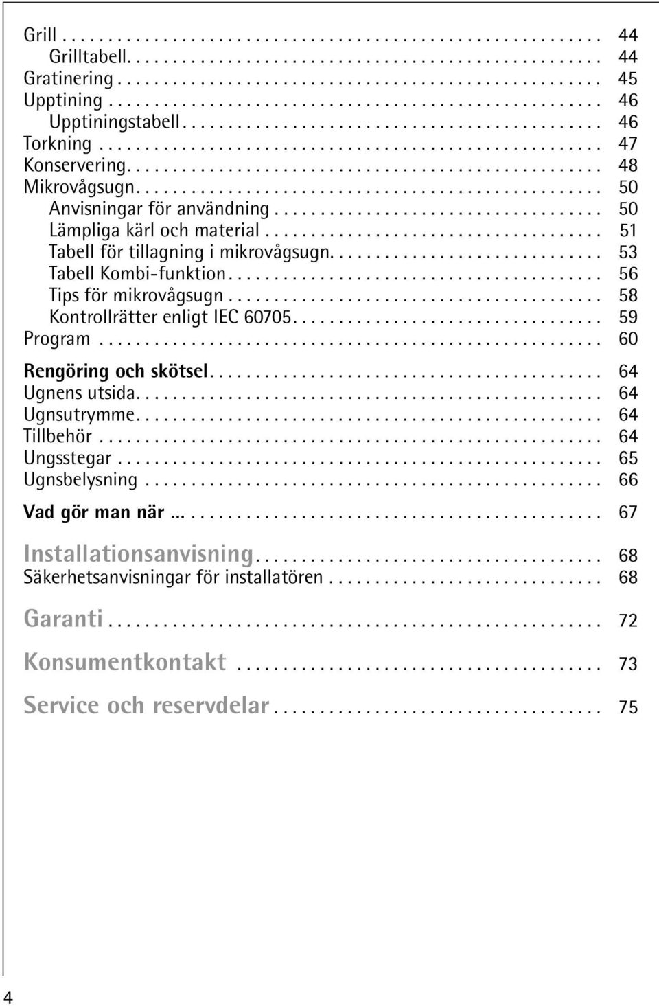 ................................................... 48 Mikrovågsugn................................................... 50 Anvisningar för användning.................................... 50 Lämpliga kärl och material.