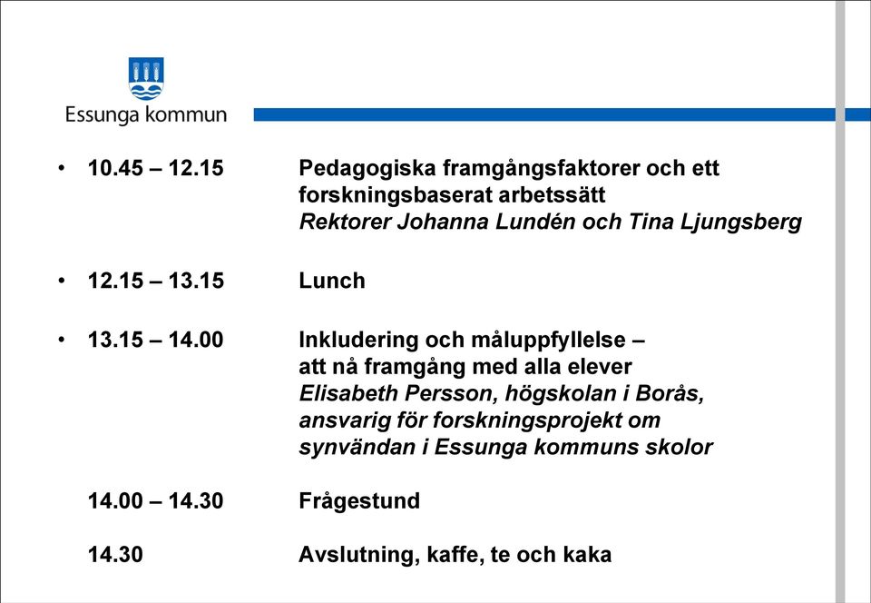 och Tina Ljungsberg 12.15 13.15 Lunch 13.15 14.