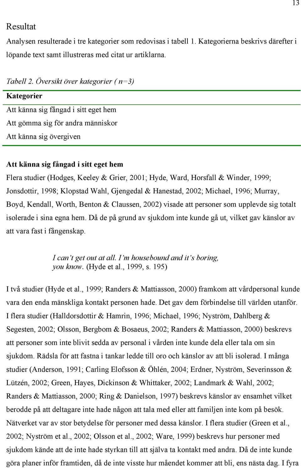 Keeley & Grier, 2001; Hyde, Ward, Horsfall & Winder, 1999; Jonsdottir, 1998; Klopstad Wahl, Gjengedal & Hanestad, 2002; Michael, 1996; Murray, Boyd, Kendall, Worth, Benton & Claussen, 2002) visade