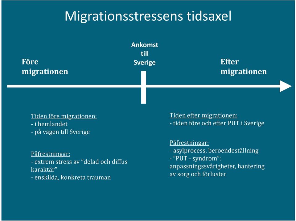 karaktär - enskilda, konkreta trauman Tiden efter migrationen: -tiden före och efter PUT i Sverige