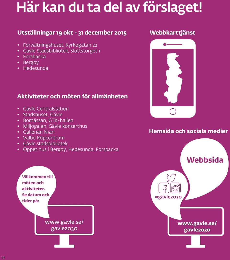 1 Forsbacka Bergby Hedesunda Aktiviteter och möten för allmänheten Centralstation Stadshuset, Bomässan, GTK-hallen