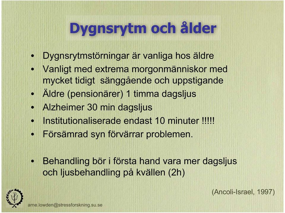 min dagsljus Institutionaliserade endast 10 minuter!!!!! Försämrad syn förvärrar problemen.