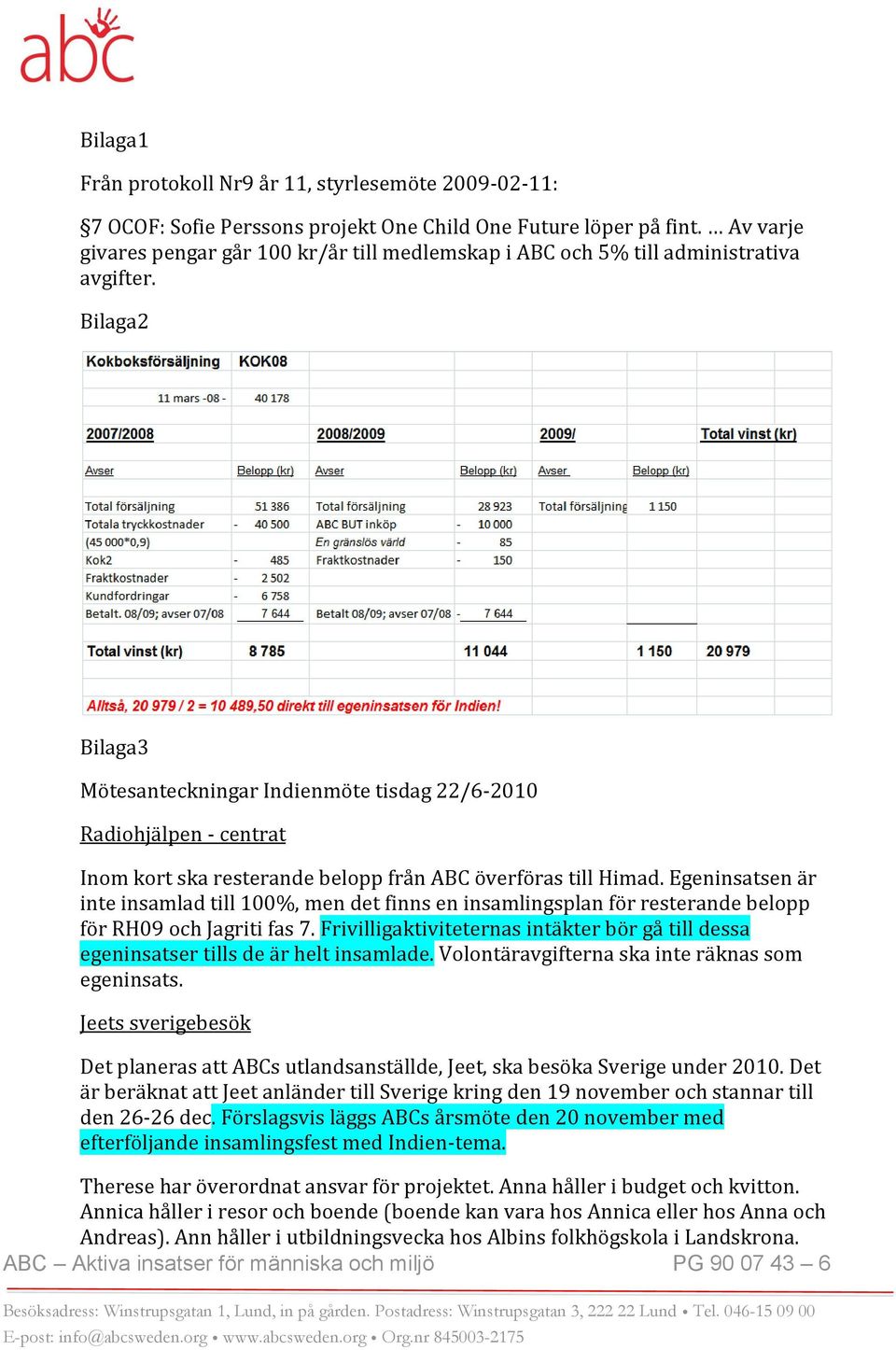 Bilaga2 Bilaga3 Mötesanteckningar Indienmöte tisdag 22/6-2010 Radiohjälpen - centrat Inom kort ska resterande belopp från ABC överföras till Himad.