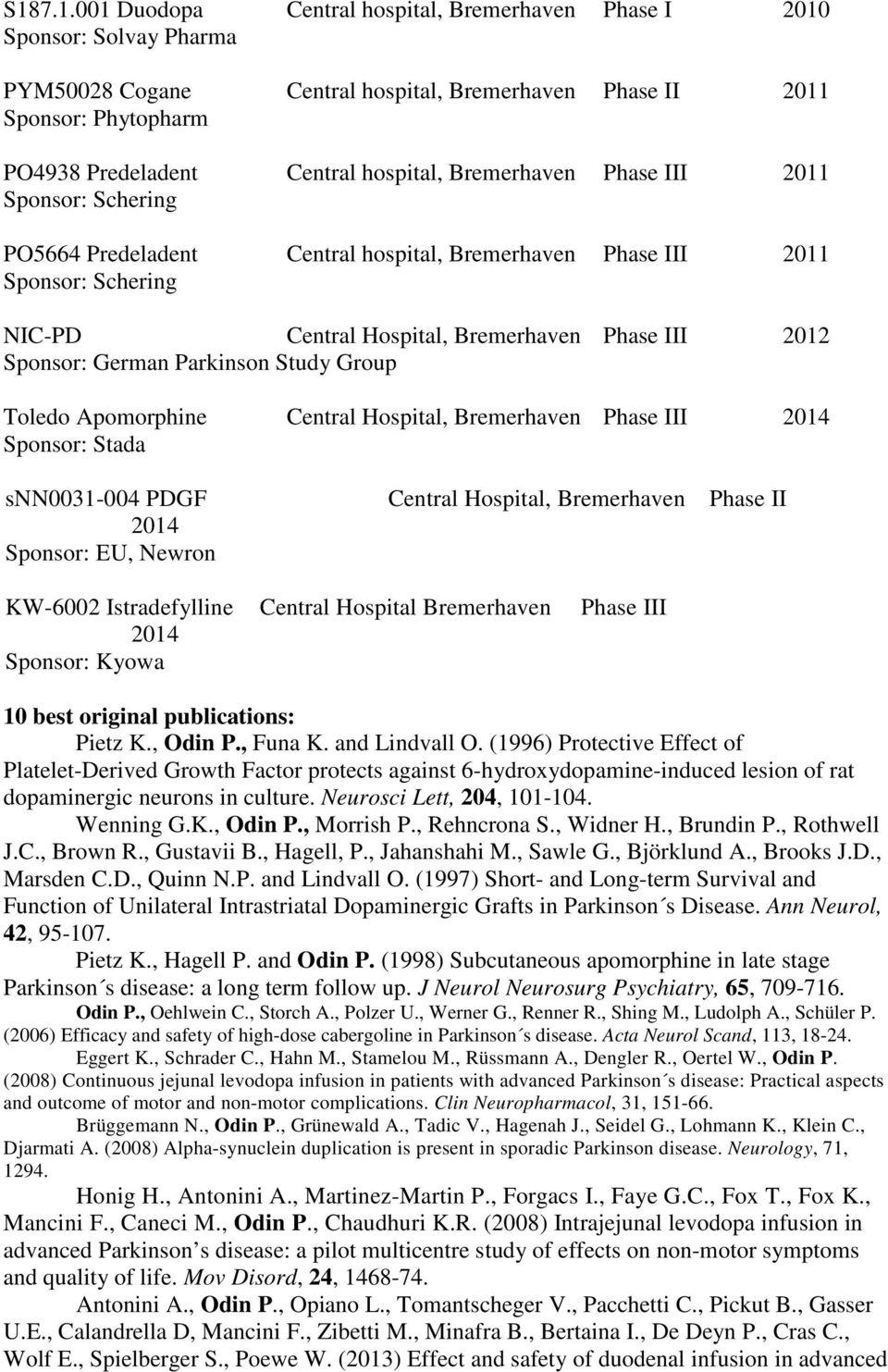 German Parkinson Study Group Toledo Apomorphine Central Hospital, Bremerhaven Phase III 2014 Sponsor: Stada snn0031-004 PDGF Central Hospital, Bremerhaven Phase II 2014 Sponsor: EU, Newron KW-6002