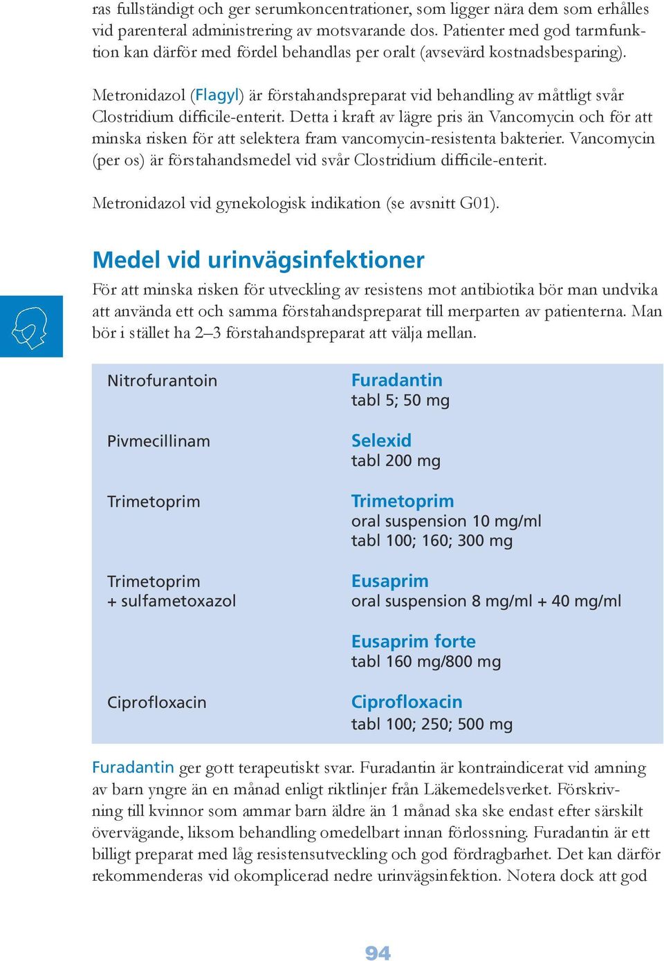 Metronidazol (Flagyl) är förstahandspreparat vid behandling av måttligt svår Clostridium difficile-enterit.