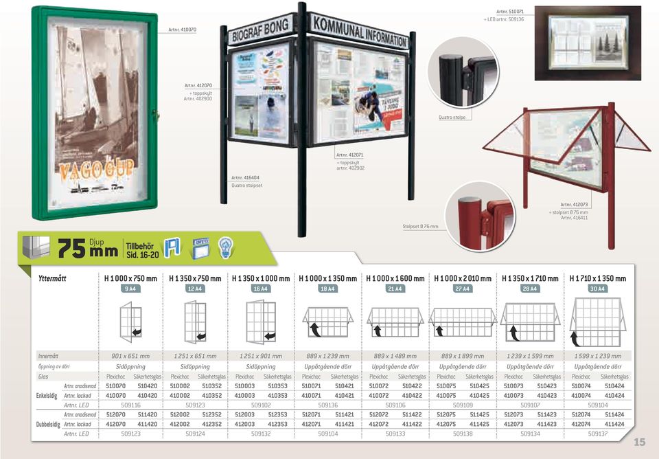 416411 Yttermått H 1 000 x 750 mm H 1 350 x 750 mm H 1 350 x 1 000 mm H 1 000 x 1 350 mm H 1 000 x 1 600 mm H 1 000 x 2 010 mm H 1 350 x 1 710 mm H 1 710 x 1 350 mm 9 A4 12 A4 16 A4 18 A4 21 A4 27 A4