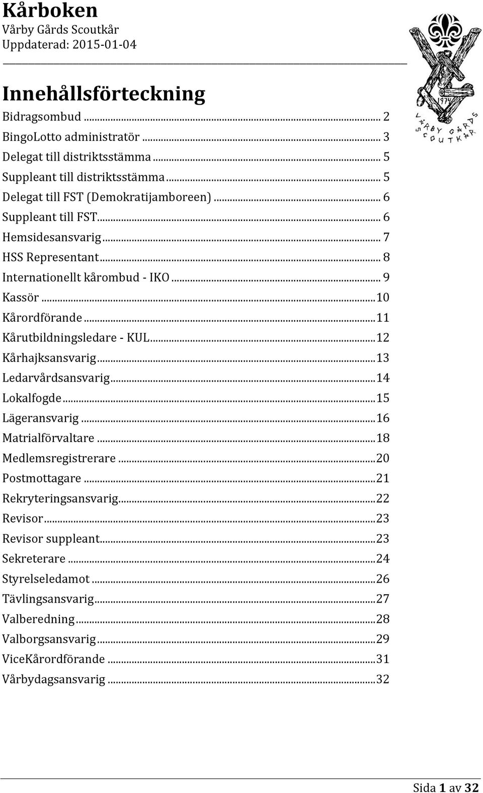 .. 12 Kårhajksansvarig... 13 Ledarvårdsansvarig... 14 Lokalfogde... 15 Lägeransvarig... 16 Matrialförvaltare... 18 Medlemsregistrerare... 20 Postmottagare... 21 Rekryteringsansvarig.