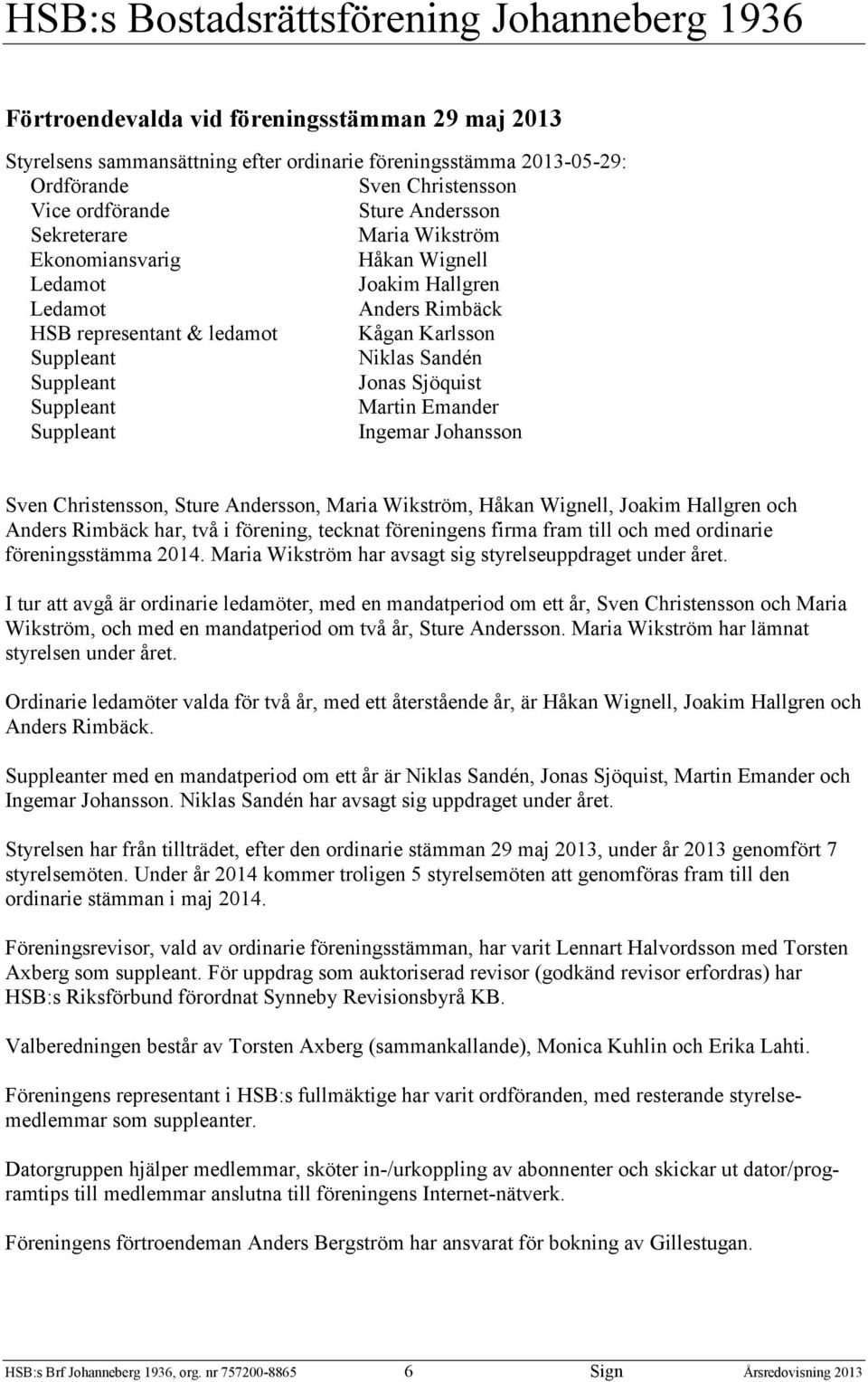 Emander Suppleant Ingemar Johansson Sven Christensson, Sture Andersson, Maria Wikström, Håkan Wignell, Joakim Hallgren och Anders Rimbäck har, två i förening, tecknat föreningens firma fram till och