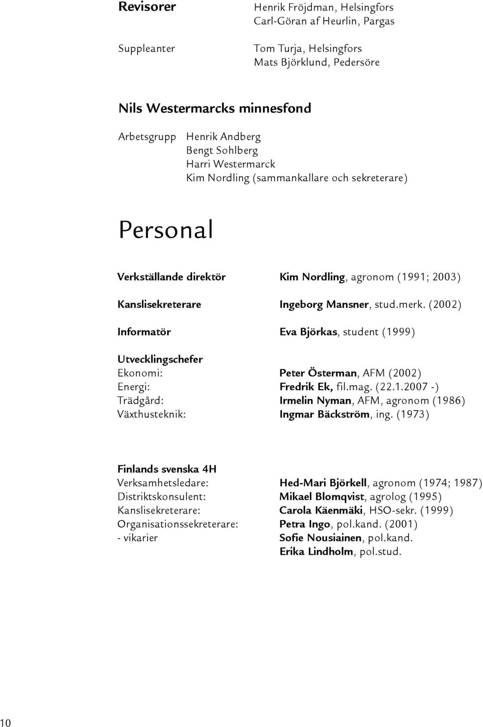 (2002) Informatör Eva Björkas, student (1999) Utvecklingschefer Ekonomi: Peter Österman, AFM (2002) Energi: Fredrik Ek, fil.mag. (22.1.2007 -) Trädgård: Irmelin Nyman, AFM, agronom (1986) Växthusteknik: Ingmar Bäckström, ing.