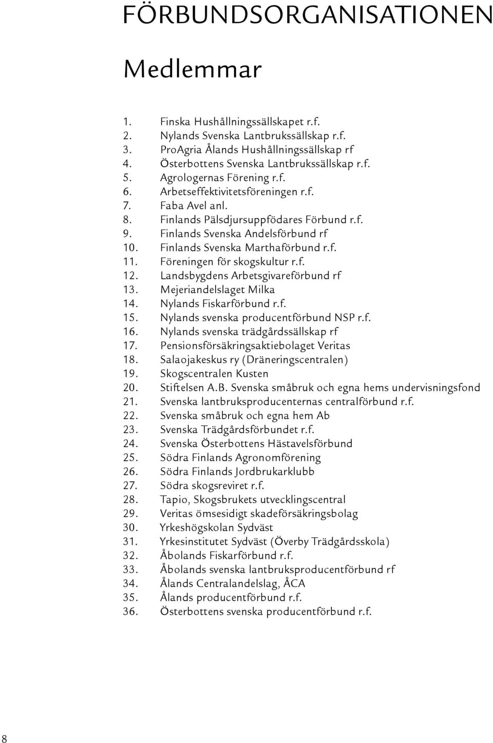 Finlands Svenska Marthaförbund r.f. 11. Föreningen för skogskultur r.f. 12. Landsbygdens Arbetsgivareförbund rf 13. Mejeriandelslaget Milka 14. Nylands Fiskarförbund r.f. 15.