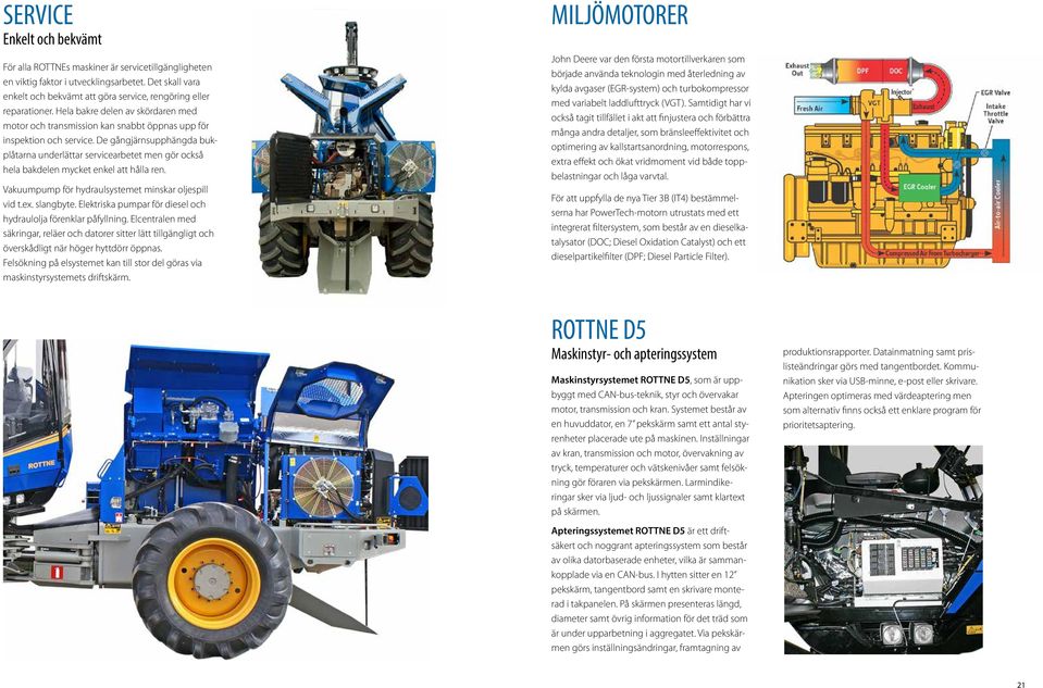 De gångjärnsupphängda bukplåtarna underlättar servicearbetet men gör också hela bakdelen mycket enkel att hålla ren. Vakuumpump för hydraulsystemet minskar oljespill vid t.ex. slangbyte.