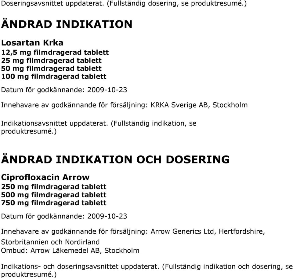 försäljning: KRKA Sverige AB, Stockholm Indikationsavsnittet uppdaterat. (Fullständig indikation, se produktresumé.