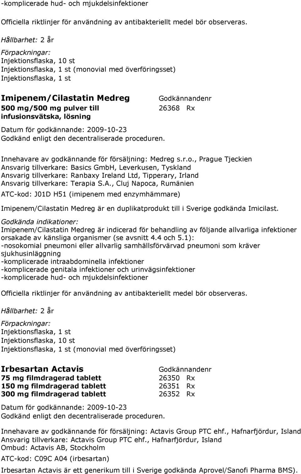 av godkännande för försäljning: Medreg s.r.o., Prague Tjeckien Ansvarig tillverkare: Basics GmbH, Leverkusen, Tyskland Ansvarig tillverkare: Ranbaxy Ireland Ltd, Tipperary, Irland Ansvarig tillverkare: Terapia S.