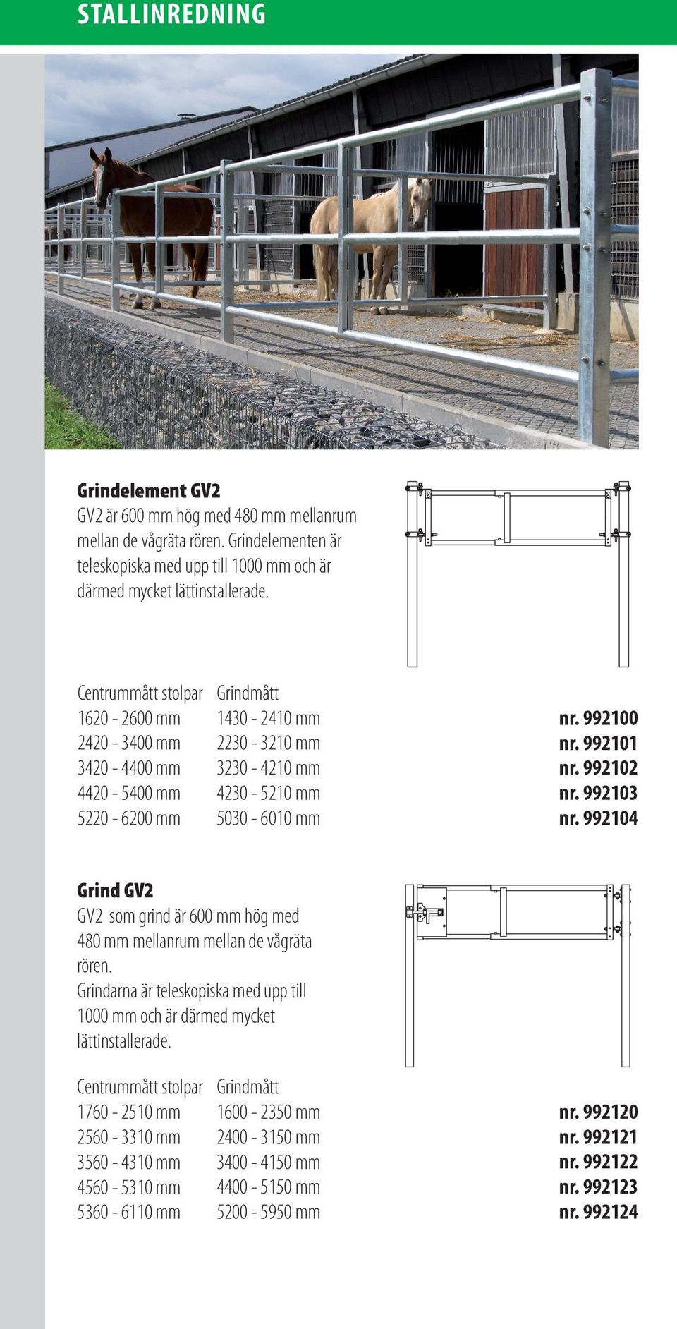 992103 nr. 992104 Grind GV2 GV2 som grind är 600 mm hög med 480 mm mellanrum mellan de vågräta rören. Grindarna är teleskopiska med upp till 1000 mm och är därmed mycket lättinstallerade.