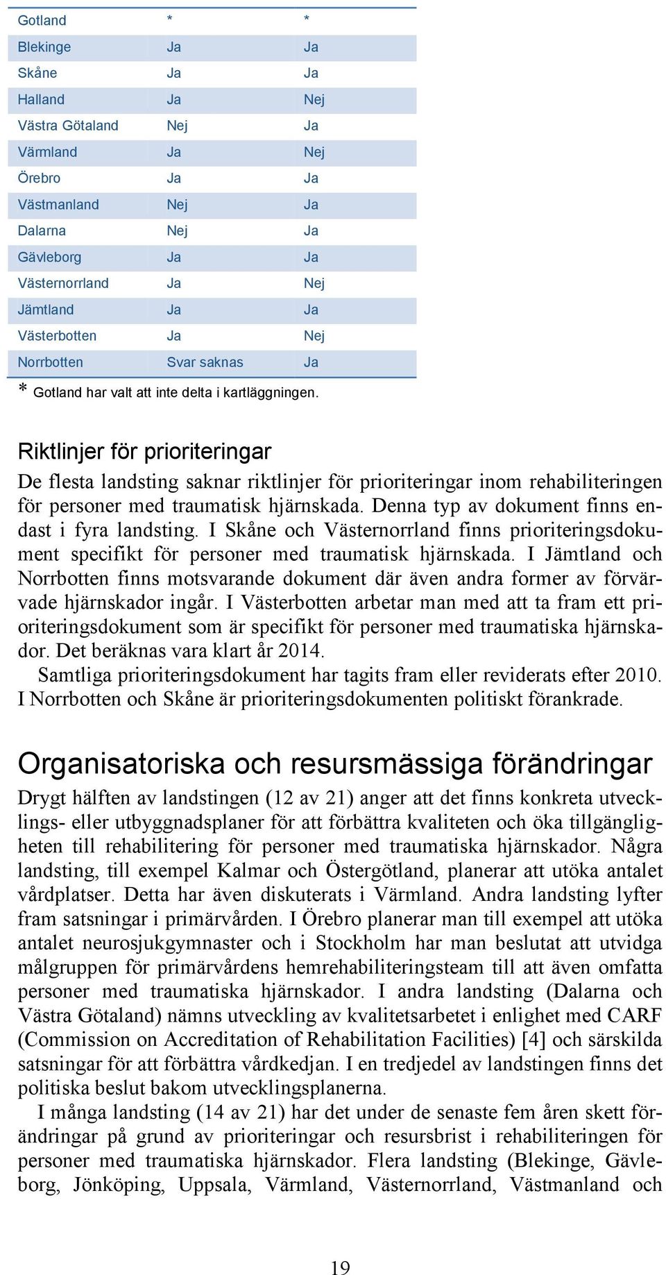 Riktlinjer för prioriteringar De flesta landsting saknar riktlinjer för prioriteringar inom rehabiliteringen för personer med traumatisk hjärnskada.