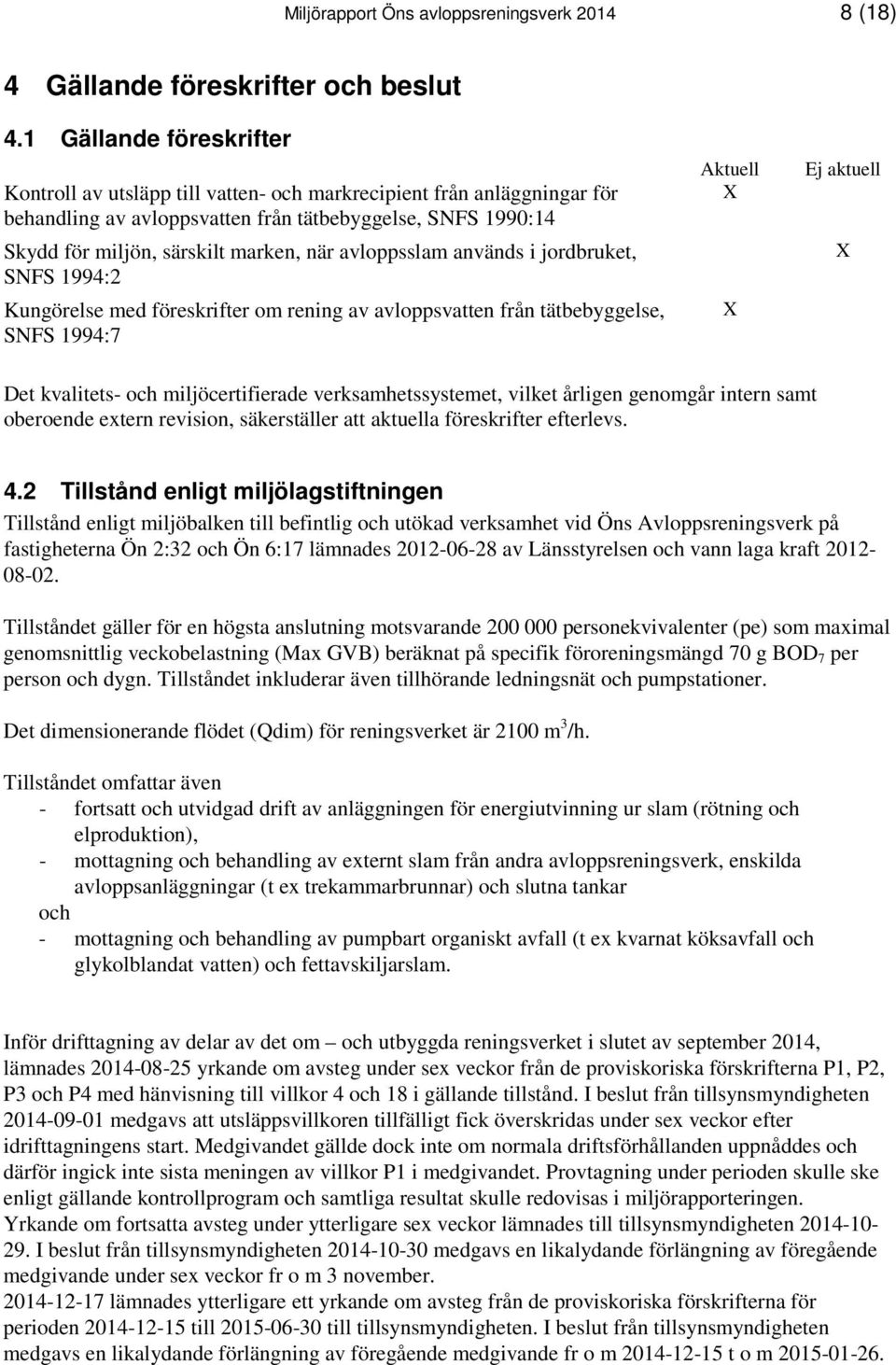 avloppsslam används i jordbruket, SNFS 1994:2 Kungörelse med föreskrifter om rening av avloppsvatten från tätbebyggelse, SNFS 1994:7 Aktuell X X Ej aktuell X Det kvalitets- och miljöcertifierade