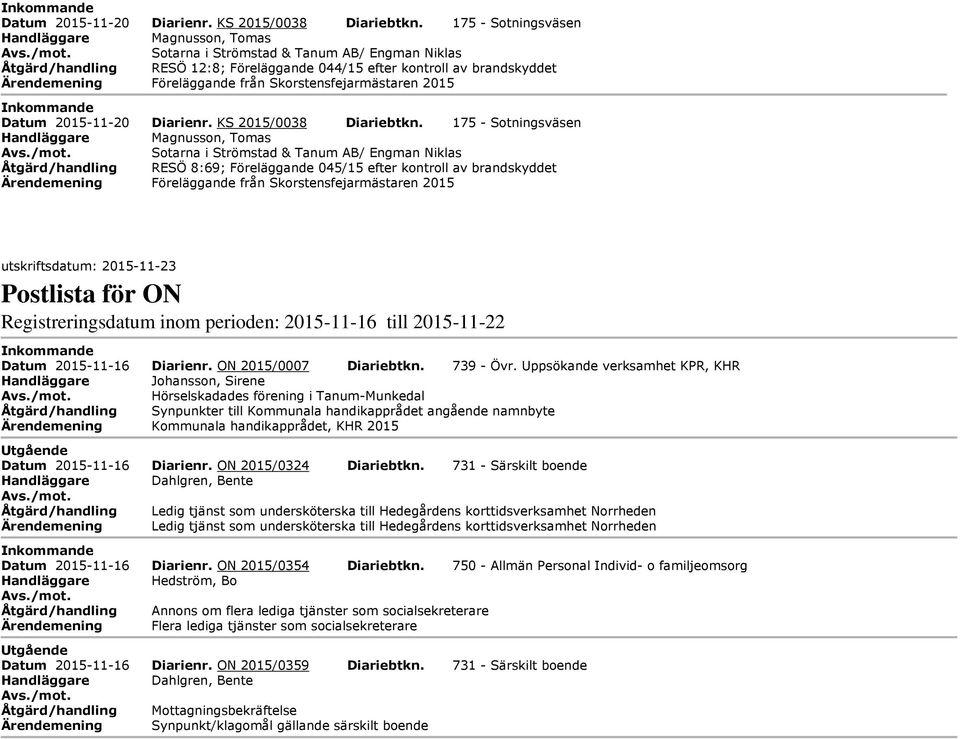 från Skorstensfejarmästaren 2015  175 - Sotningsväsen Handläggare Magnusson, Tomas Sotarna i Strömstad & Tanum B/ Engman Niklas Åtgärd/handling RES 8:69; Föreläggande 045/15 efter kontroll av