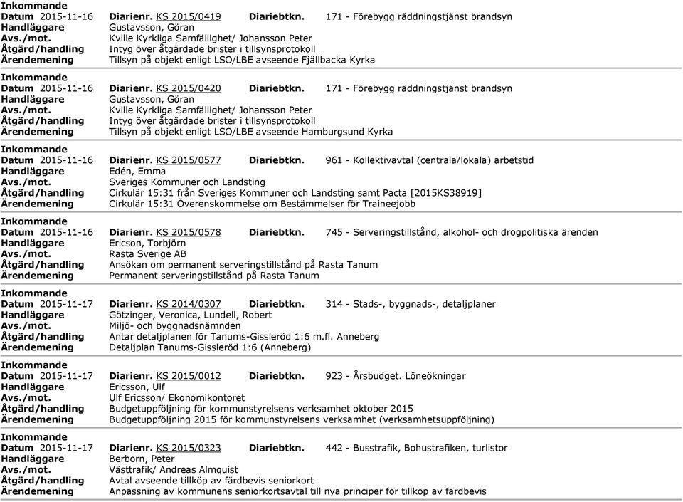 Tillsyn på objekt enligt LSO/LBE avseende Fjällbacka Kyrka nkommande Datum 2015-11-16 Diarienr. KS 2015/0420 Diariebtkn.