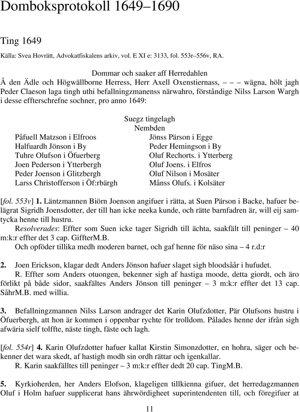 Wargh i desse effterschrefne sochner, pro anno 1649: Påfuell Matzson i Elfroos Halfuardh Jönson i By Tuhre Olufson i Öfuerberg Joen Pederson i Ytterbergh Peder Joenson i Glitzbergh Larss