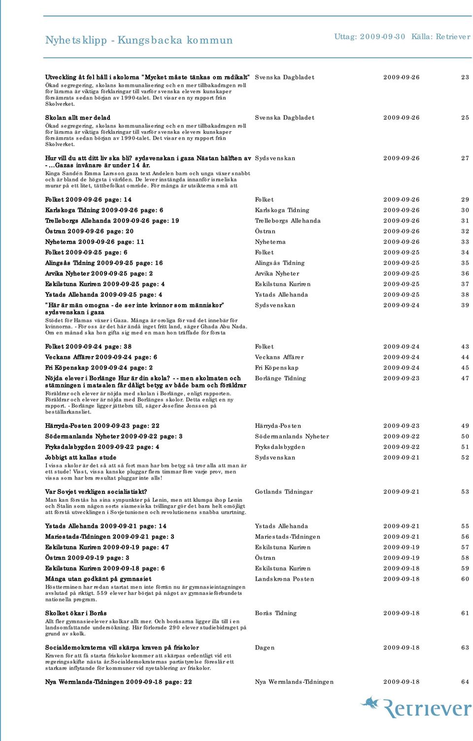 Skolan allt mer delad Svenska Dagbladet 2009-09-26 25 Ökad segregering, skolans kommunalisering och en mer tillbakadragen roll för lärarna är viktiga  Hur vill du att ditt liv ska bli?