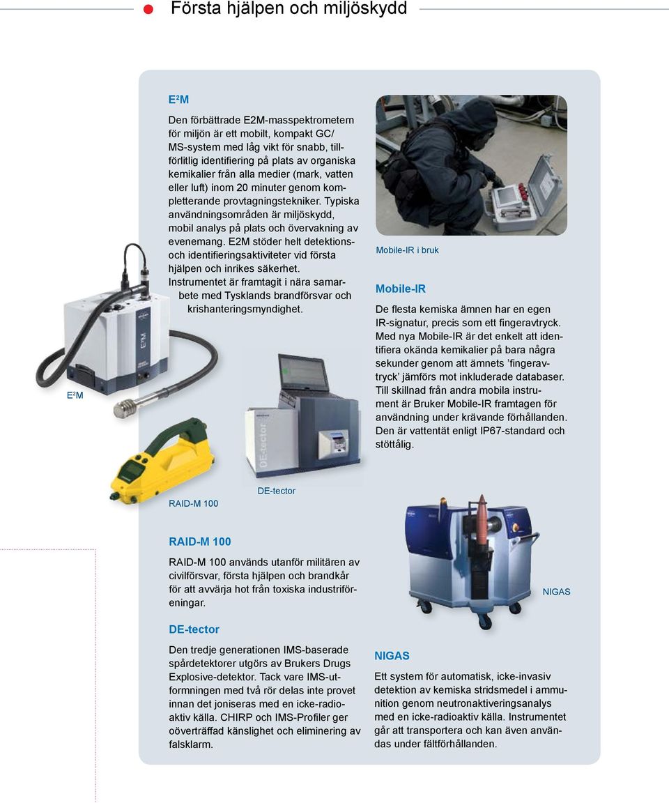 Typiska användningsområden är miljöskydd, mobil analys på plats och övervakning av evenemang. E2M stöder helt detektionsoch identifieringsaktiviteter vid första hjälpen och inrikes säkerhet.