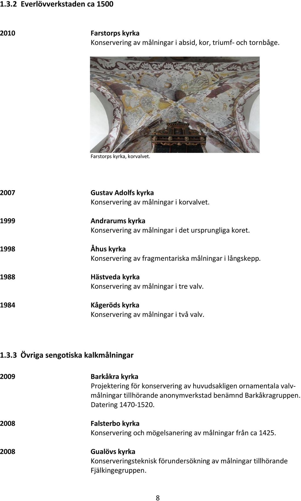 1998 Åhus kyrka Konservering av fragmentariska målningar i långskepp. 1988 Hästveda kyrka Konservering av målningar i tre valv. 1984 Kågeröds kyrka Konservering av målningar i två valv. 1.3.