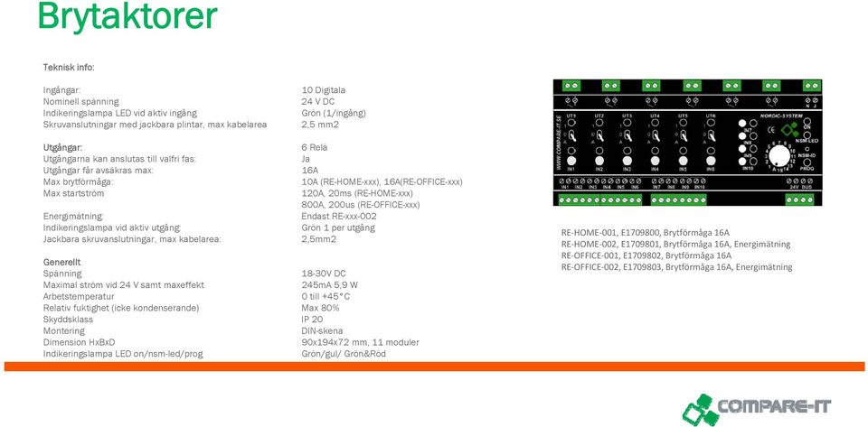 Energimätning: Endast RE-xxx-002 245mA 5,9 W 90x194x72 mm, 11 moduler RE HOME 001, E1709800, Brytförmåga 16A RE HOME 002,