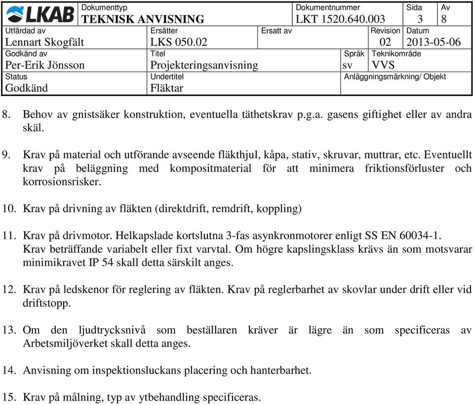 Krav på drivning av fläkten (direktdrift, remdrift, koppling) 11. Krav på drivmotor. Helkapslade kortslutna 3-fas asynkronmotorer enligt SS EN 60034-1. Krav beträffande variabelt eller fixt varvtal.