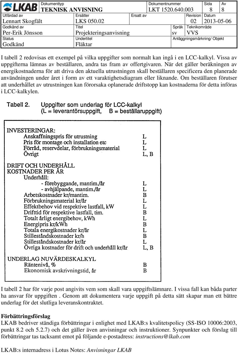 När det gäller beräkningen av energikostnaderna för att driva den aktuella utrustningen skall beställaren specificera den planerade användningen under året i form av ett varaktighetsdiagram eller