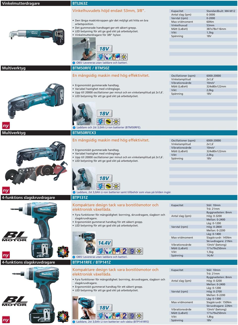 Standardbult: M4-M12 Antal slag (ipm) 0-3000 0-2000 Max vridmoment 60Nm Vinkelhuvud 53mm 387x78x116mm 1,5kg Multiverktyg BTM50RFE / BTM50Z En mångsidig maskin med hög effektivitet.