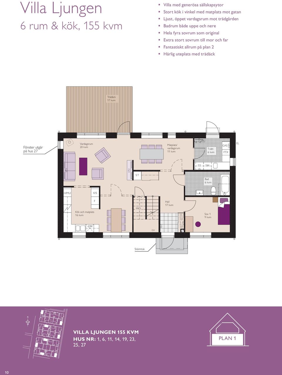 Trädäck 17 kvm Fönster utgår på hus 27 Vardagsrum 20 kvm Matplats/ vardagsrum 11 kvm VM Tvätt 6 kvm GAS FTX VVM EL TT TM VTV VTV VS S T Bad 6 kvm