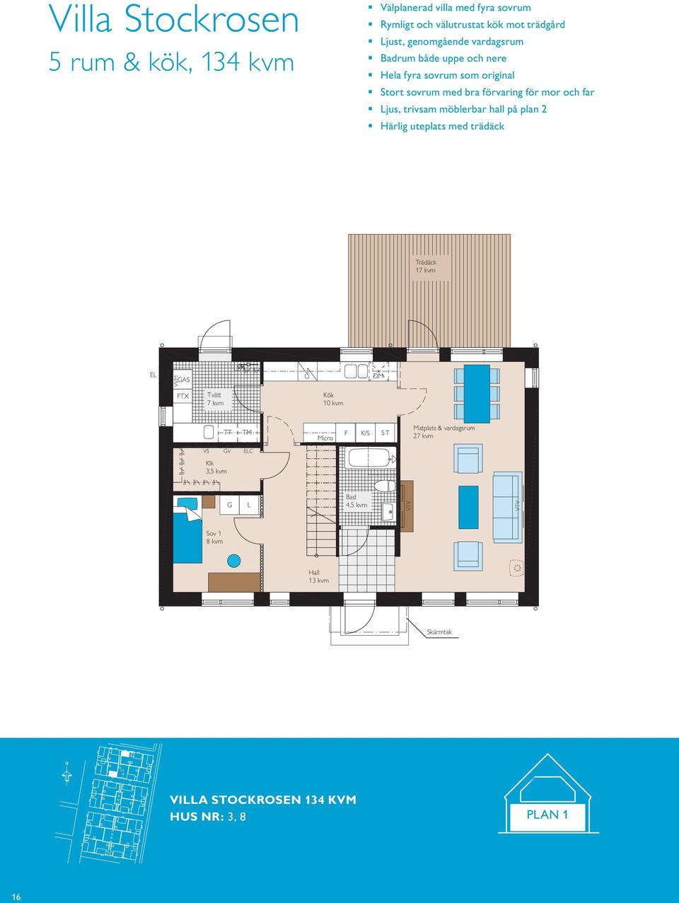 hall på plan 2 Härlig uteplats med trädäck Trädäck 17 kvm EL VVM GAS VM U DM FTX Tvätt 7 kvm Kök 10 kvm TT TM Micro F K/S S T Matplats &