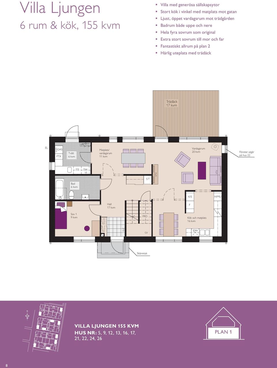 Trädäck 17 kvm EL VVM GAS FTX Tvätt 6 kvm VM Matplats/ vardagsrum 11 kvm Vardagsrum 20 kvm Fönster utgår på hus 22 TT Bad 6 kvm TM VS S T VTV VTV K/S