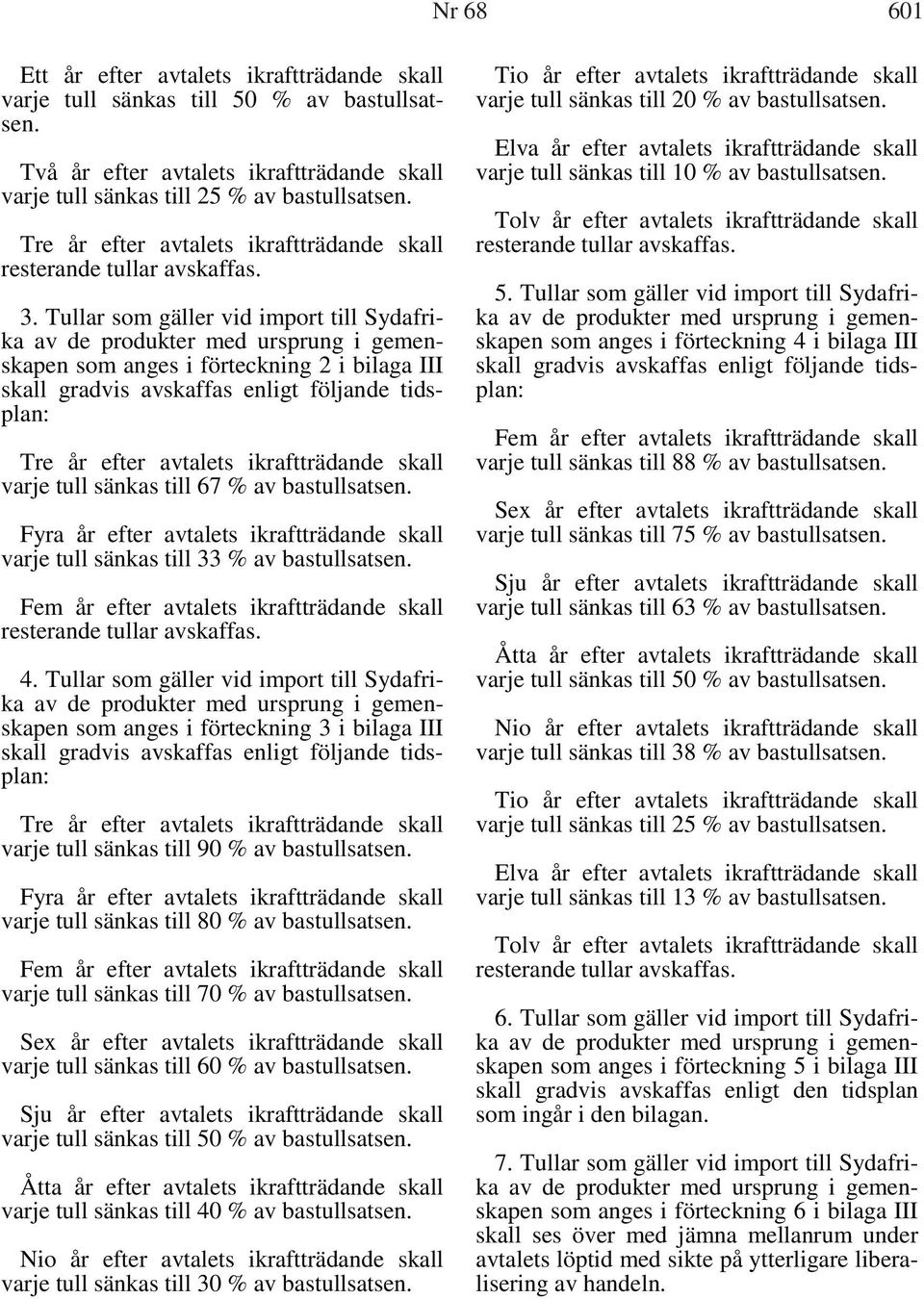 Tullar som gäller vid import till Sydafrika av de produkter med ursprung i gemenskapen som anges i förteckning 2 i bilaga III skall gradvis avskaffas enligt följande tidsplan: Tre år efter avtalets