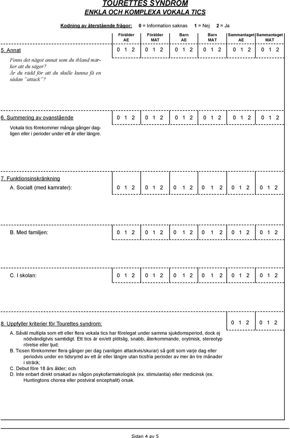 Uppfyller kriterier för Tourettes syndrom: 0 1 2 0 1 2 A. Såväl multipla som ett eller flera vokala tics har förelegat under samma sjukdomsperiod, dock ej nödvändigtvis samtidigt.