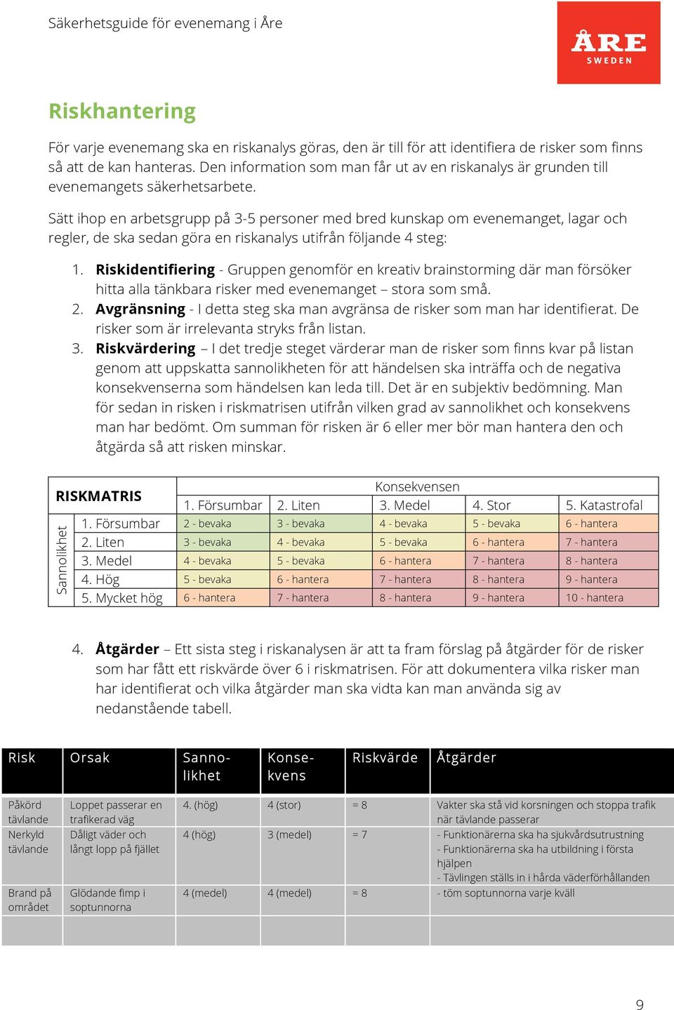 Sätt ihop en arbetsgrupp på 3-5 personer med bred kunskap om evenemanget, lagar och regler, de ska sedan göra en riskanalys utifrån följande 4 steg: 1.