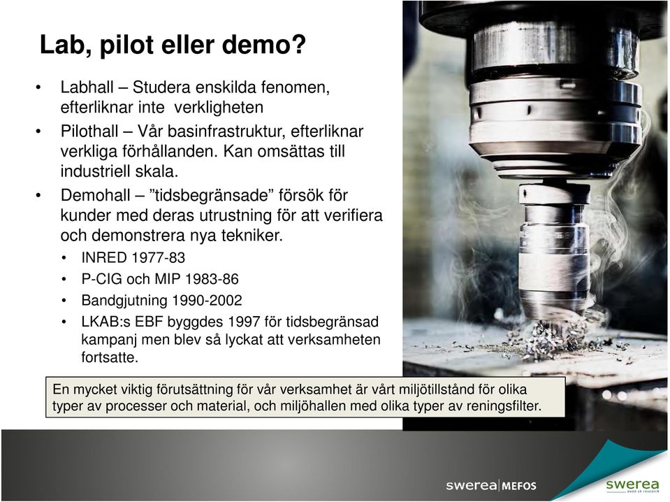 INRED 1977-83 P-CIG och MIP 1983-86 Bandgjutning 1990-2002 LKAB:s EBF byggdes 1997 för tidsbegränsad kampanj men blev så lyckat att verksamheten fortsatte.