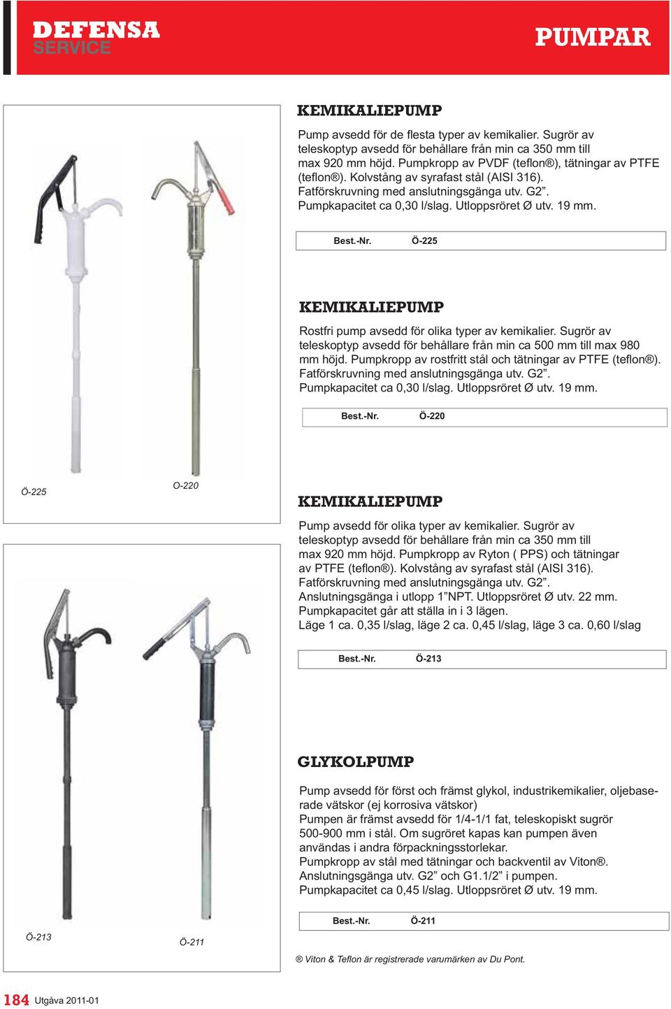 Pumpkapacitet ca 0,30 l/slag. Utloppsröret Ø utv. 19 mm. Best.-Nr. Ö-220 Ö-225 Ö-220 KEMIKALIEPUMP Pump avsedd för olika typer av kemikalier.